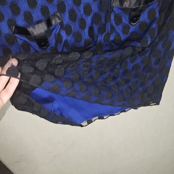 Enfocus Studio Blue Dress Women Size 12 Black Polka Dot Mesh Layer w Pockets - Picture 5 of 10